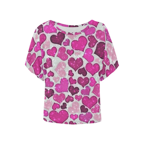 sparkling hearts pink by JamColors Women's Batwing-Sleeved Blouse T shirt (Model T44)