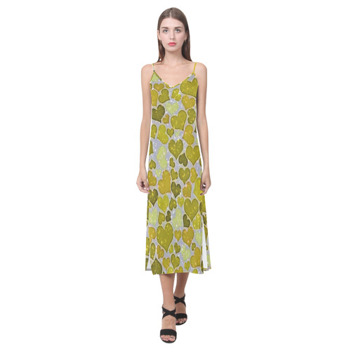 sparkling hearts,yellow by JamColors V-Neck Open Fork Long Dress(Model D18)