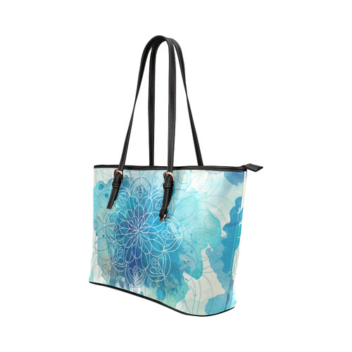 Blue Watercolor Splash Mandala Leather Tote Bag/Small (Model 1651)