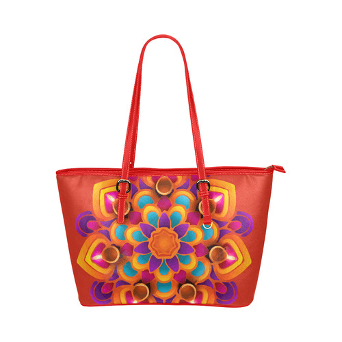 Red Orange Purple Mandala Leather Tote Bag/Large (Model 1651)