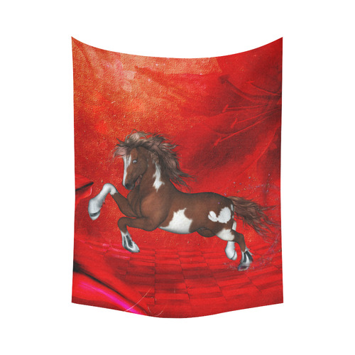 Wild horse on red background Cotton Linen Wall Tapestry 60"x 80"