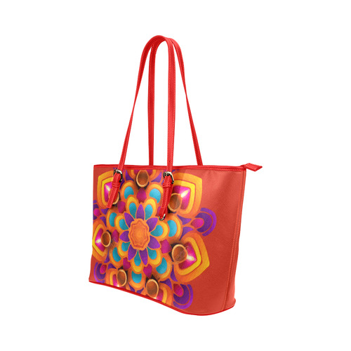 Red Orange Purple Mandala Leather Tote Bag/Large (Model 1651)