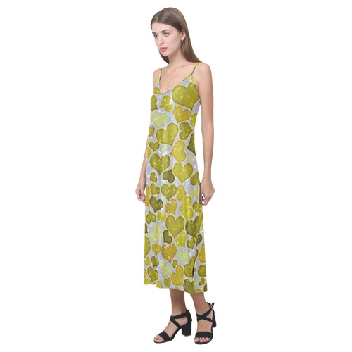 sparkling hearts,yellow by JamColors V-Neck Open Fork Long Dress(Model D18)