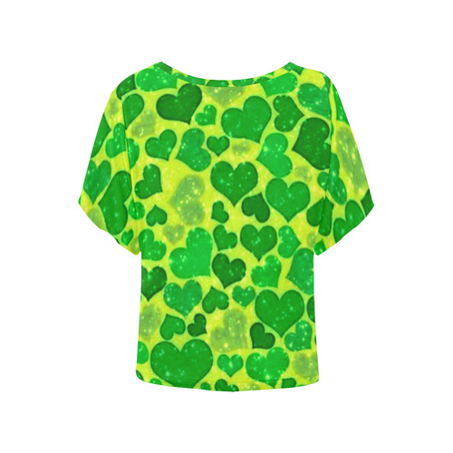 sparkling hearts, green by JamColors Women's Batwing-Sleeved Blouse T shirt (Model T44)