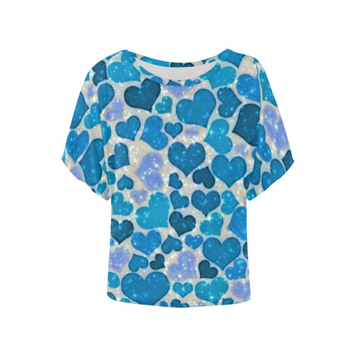 sparkling hearts, teal by JamColors Women's Batwing-Sleeved Blouse T shirt (Model T44)