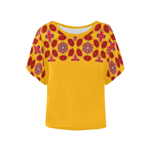 Yellow and Red Geometric Women's Batwing-Sleeved Blouse T shirt (Model T44)