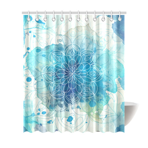 Blue Watercolor Splash Mandala Shower Curtain 72"x84"