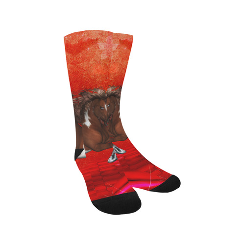 Wild horse on red background Trouser Socks