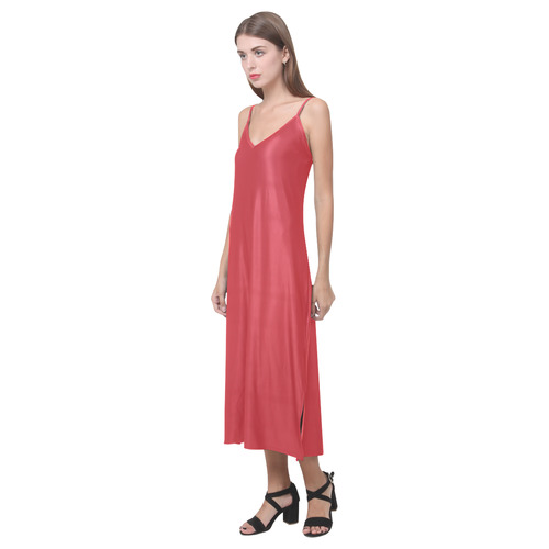 Flame Scarlet V-Neck Open Fork Long Dress(Model D18)