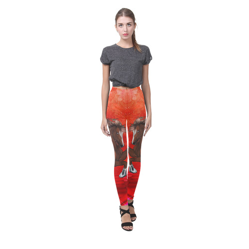 Wild horse on red background Cassandra Women's Leggings (Model L01)