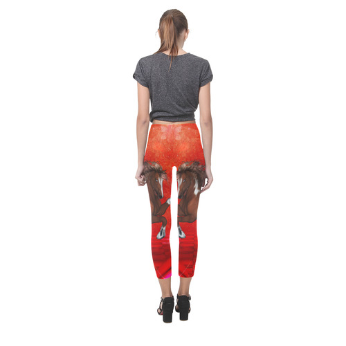 Wild horse on red background Capri Legging (Model L02)