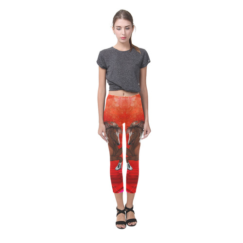 Wild horse on red background Capri Legging (Model L02)