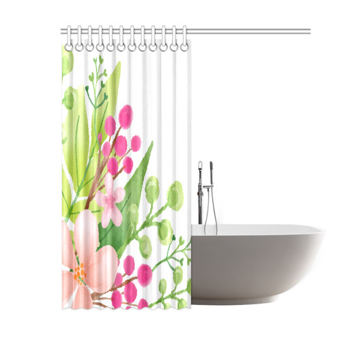 Cute Pink Green Watercolor Floral Shower Curtain 60"x72"