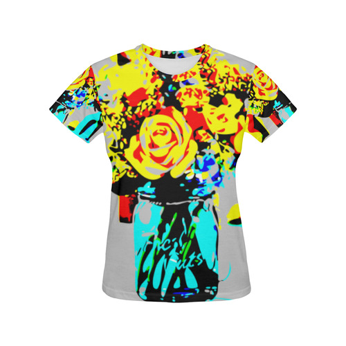 Red Yellow Roses Blue Vase Floral All Over Print T-Shirt for Women (USA Size) (Model T40)