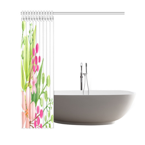Cute Pink Green Watercolor Floral Shower Curtain 69"x72"