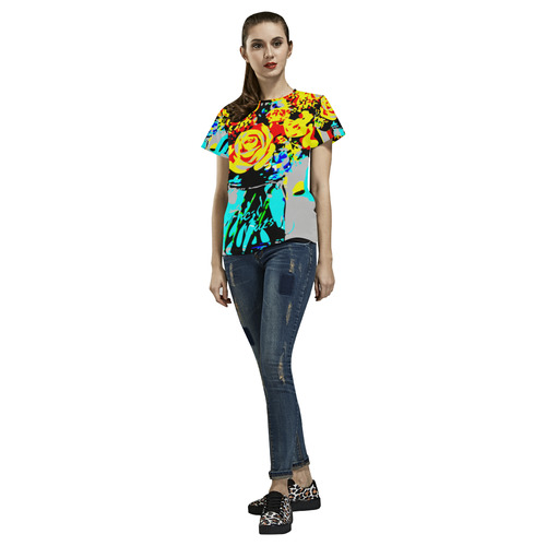 Red Yellow Roses Blue Vase Floral All Over Print T-Shirt for Women (USA Size) (Model T40)
