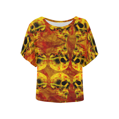 Flaming skull patteren Women's Batwing-Sleeved Blouse T shirt (Model T44)