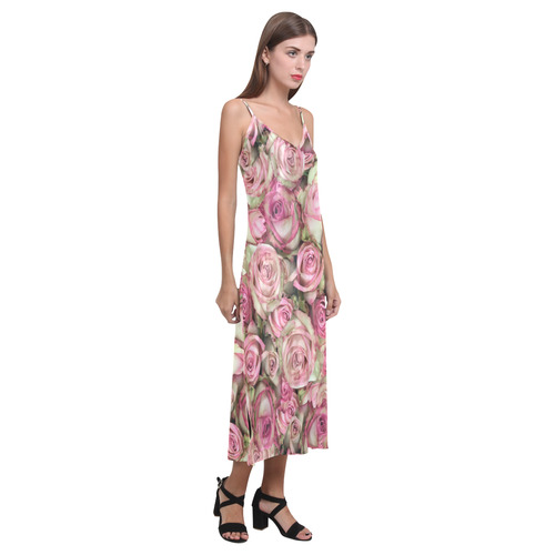 Your Pink Roses V-Neck Open Fork Long Dress(Model D18)