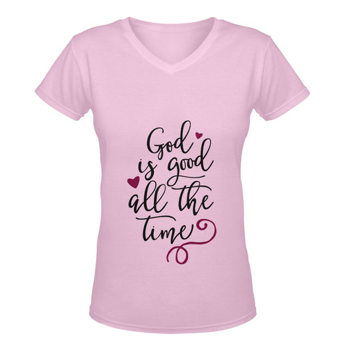 God Is Good All The Time Pink V-Neck Women's Deep V-neck T-shirt (Model T19)