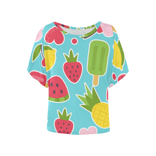Summer Fruit Hearts Ice Cream Women's Batwing-Sleeved Blouse T shirt (Model T44)