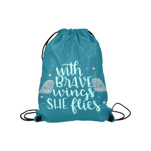 With_Brave_wings_she_fliespink teal Medium Drawstring Bag Model 1604 (Twin Sides) 13.8"(W) * 18.1"(H)