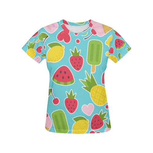 Summer Fruit Hearts Ice Cream All Over Print T-Shirt for Women (USA Size) (Model T40)
