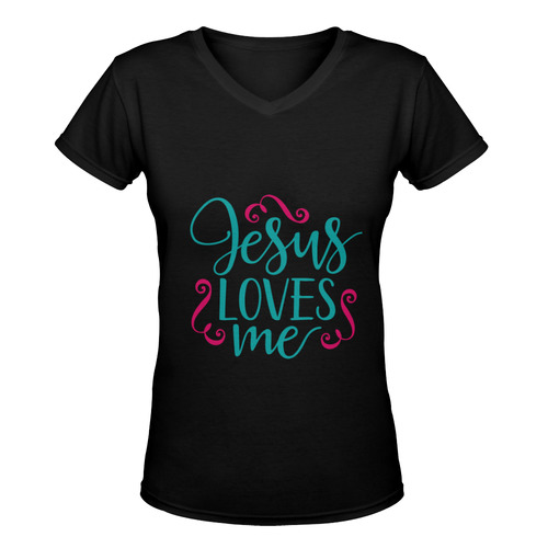 Jesus Loves Me (black) Women's Deep V-neck T-shirt (Model T19)