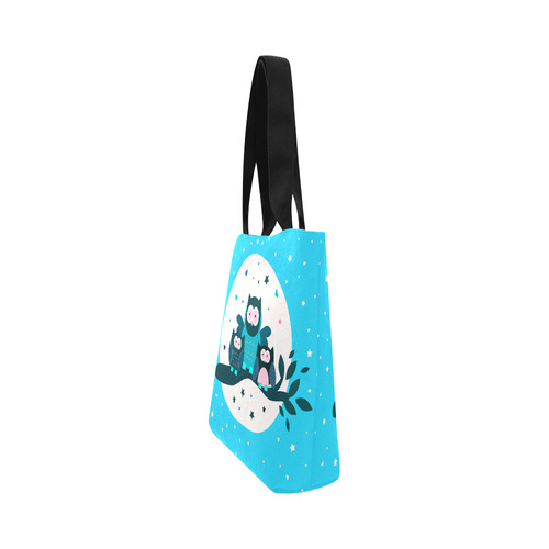 Cute Owl Family On Tree Branch Blue Canvas Tote Bag (Model 1657)