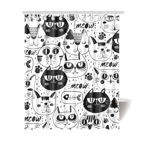 Cat Black and White Funny Cartoon Shower Curtain 69"x84"