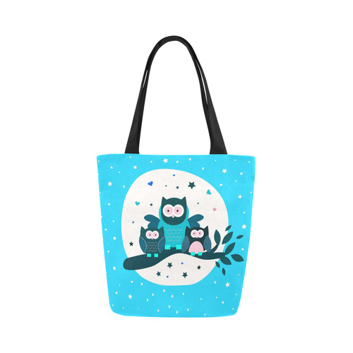 Cute Owl Family On Tree Branch Blue Canvas Tote Bag (Model 1657)