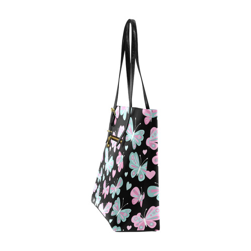 Cute Pastel Butterfly Pattern Pink Hearts Black Euramerican Tote Bag/Small (Model 1655)