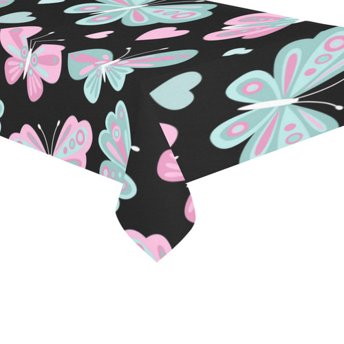 Cute Pastel Butterfly Pattern Pink Hearts Black Cotton Linen Tablecloth 60"x 104"