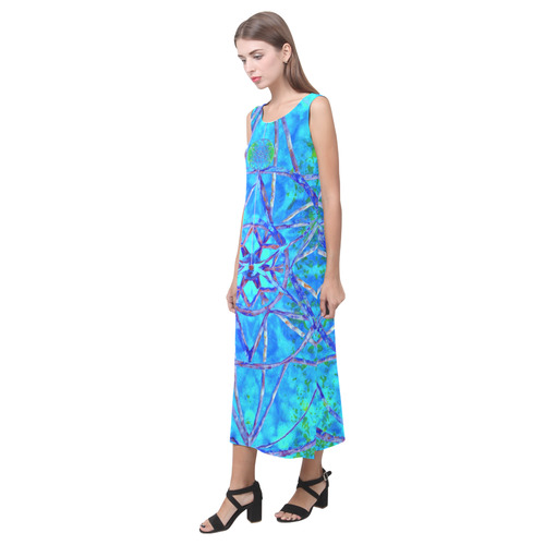 protection in nature colors-teal, blue and green Phaedra Sleeveless Open Fork Long Dress (Model D08)