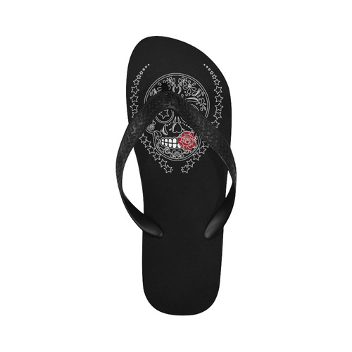 Sugar Skull Red Rose Black Flip Flops for Men/Women (Model 040)