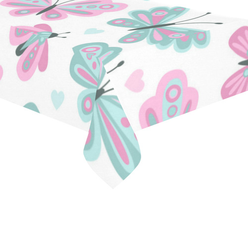 Cute Pastel Butterfly Pattern Pink Hearts Cotton Linen Tablecloth 60"x120"