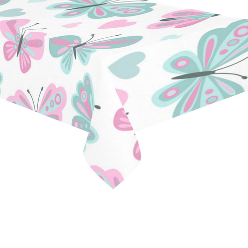 Cute Pastel Butterfly Pattern Pink Hearts Cotton Linen Tablecloth 60"x 104"