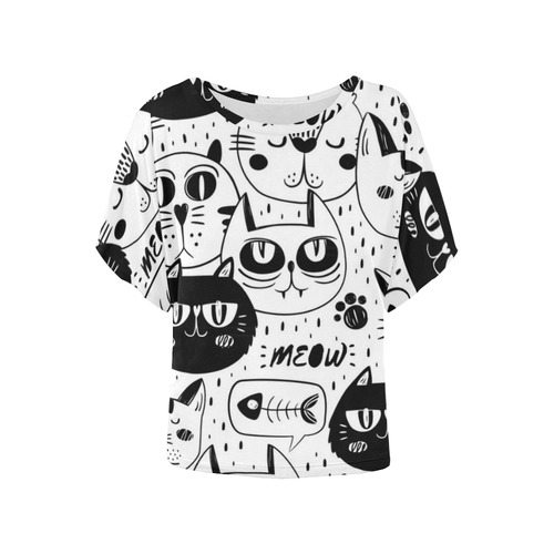 Cat Black and White Funny Cartoon Women's Batwing-Sleeved Blouse T shirt (Model T44)