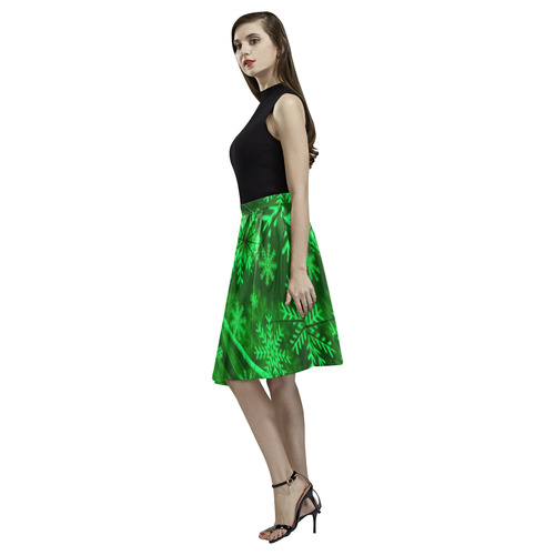 Green Snowflakes Melete Pleated Midi Skirt (Model D15)