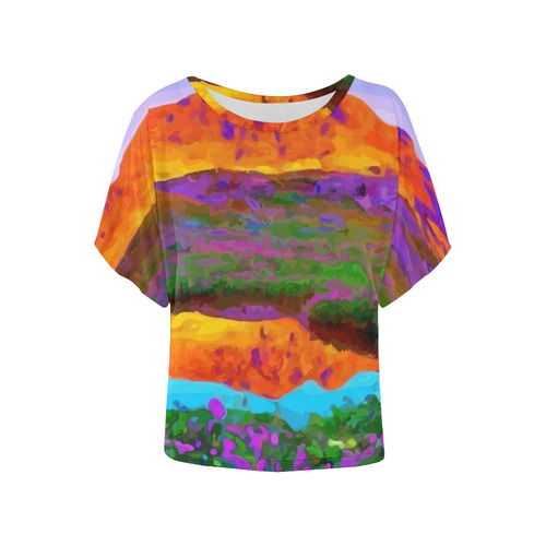 Sunset Landscape Purple Floral Red Mountains Women's Batwing-Sleeved Blouse T shirt (Model T44)