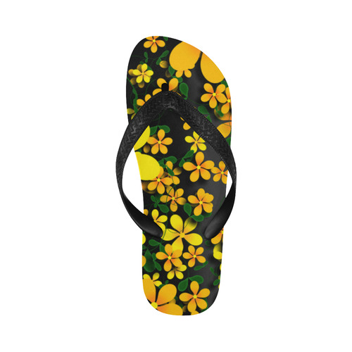 Pretty Orange & Yellow Flowers on Black Flip Flops for Men/Women (Model 040)