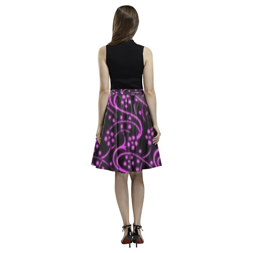 Vintage Floral Violet Black Melete Pleated Midi Skirt (Model D15)