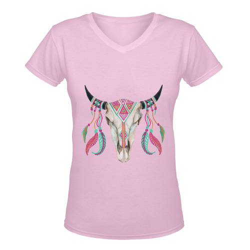 Turq and Pink Feather Skull Women's Deep V-neck T-shirt (Model T19)