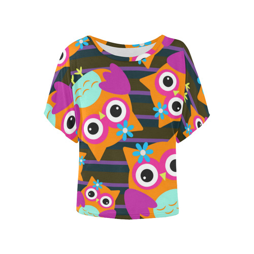 Cute Owl Pattern Pink Orange Aqua Women's Batwing-Sleeved Blouse T shirt (Model T44)