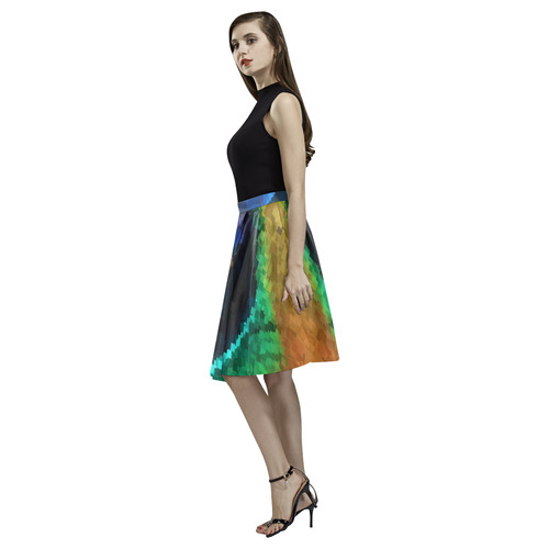 Peacock Feather Pixel Melete Pleated Midi Skirt (Model D15)