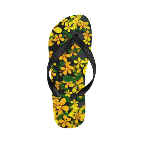 Pretty Orange & Yellow Flowers on Black Flip Flops for Men/Women (Model 040)