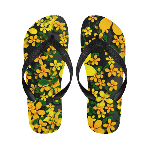 Pretty Orange & Yellow Flowers on Black Flip Flops for Men/Women (Model 040)