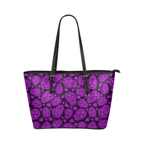 Sugar Skull Pattern - Purple Leather Tote Bag/Small (Model 1651)