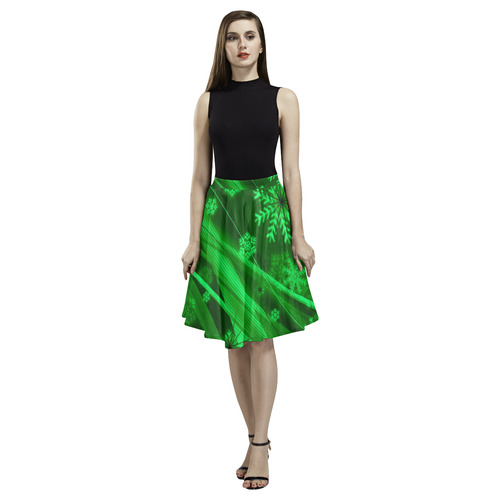 Green Snowflakes Melete Pleated Midi Skirt (Model D15)