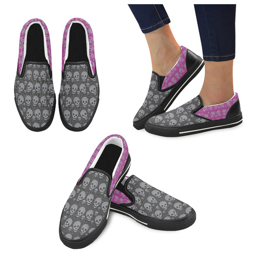 SKULLS BLACK AND PINK Slip-on Canvas Shoes for Kid (Model 019)