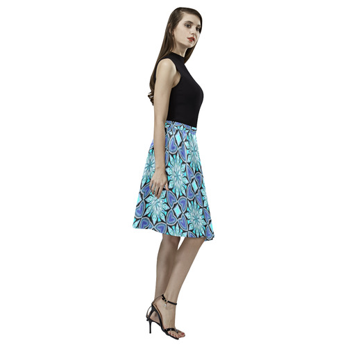 Aqua Blue Hearts and Flowers Melete Pleated Midi Skirt (Model D15)